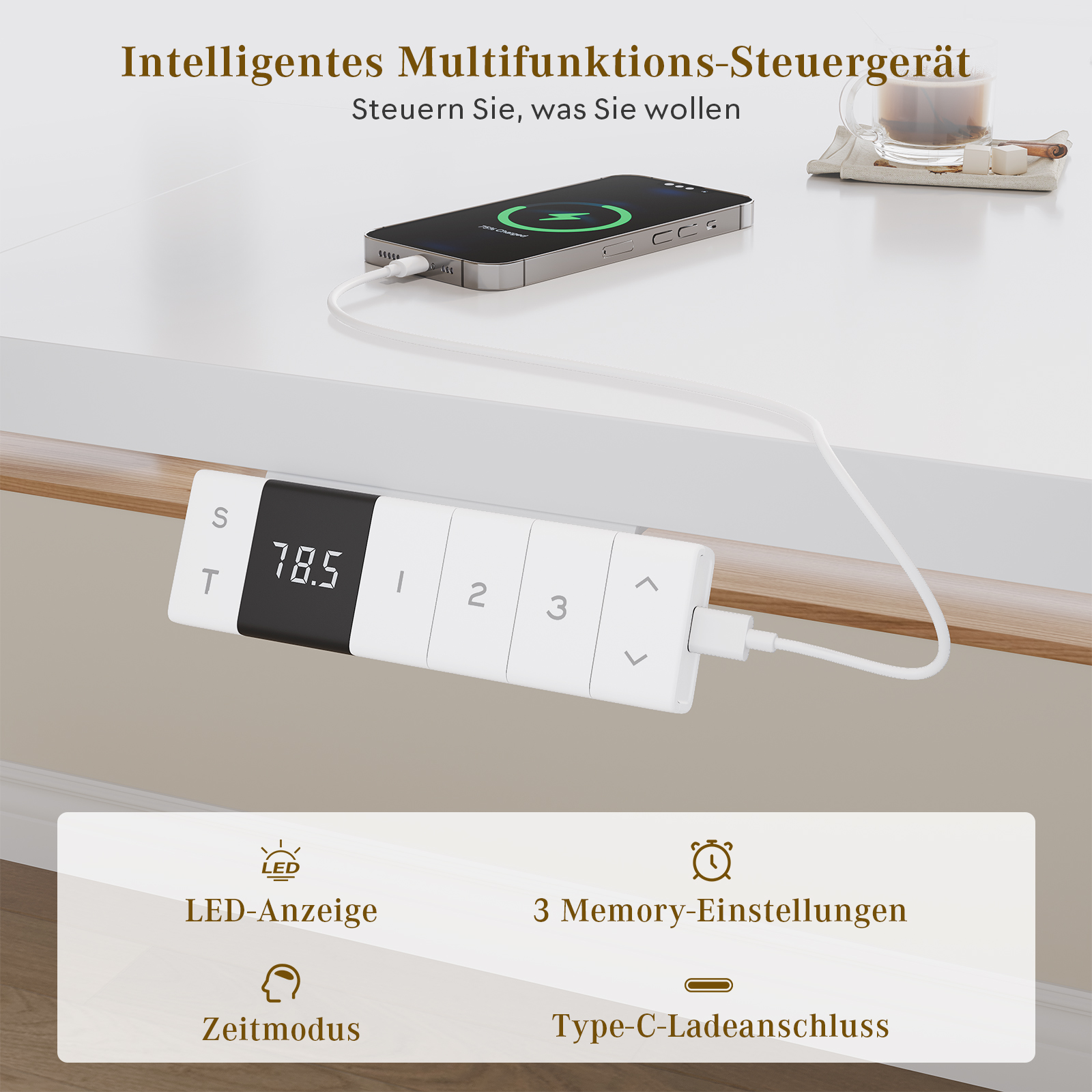 Bedienfeld mit Speicherplätzen und USB C Anschluss