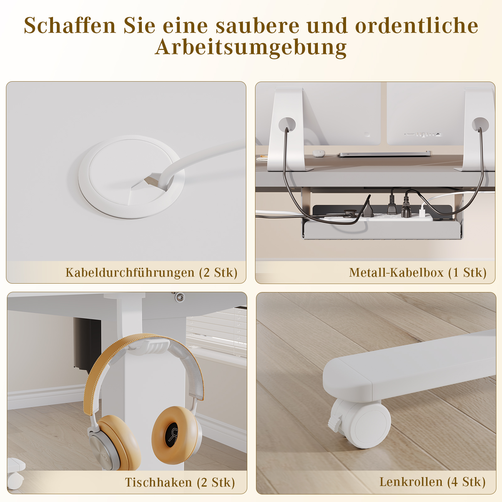 Kabelmanagement Tischhaken und Rollen