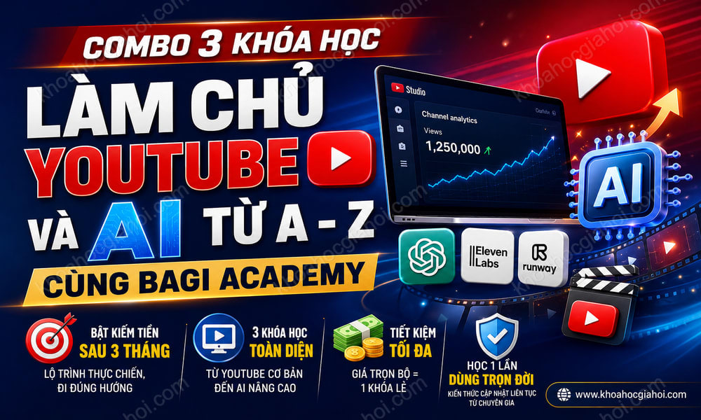 Combo 3 Khóa Học Làm Chủ Youtube & AI Từ A - Z Cùng Bagi Academy