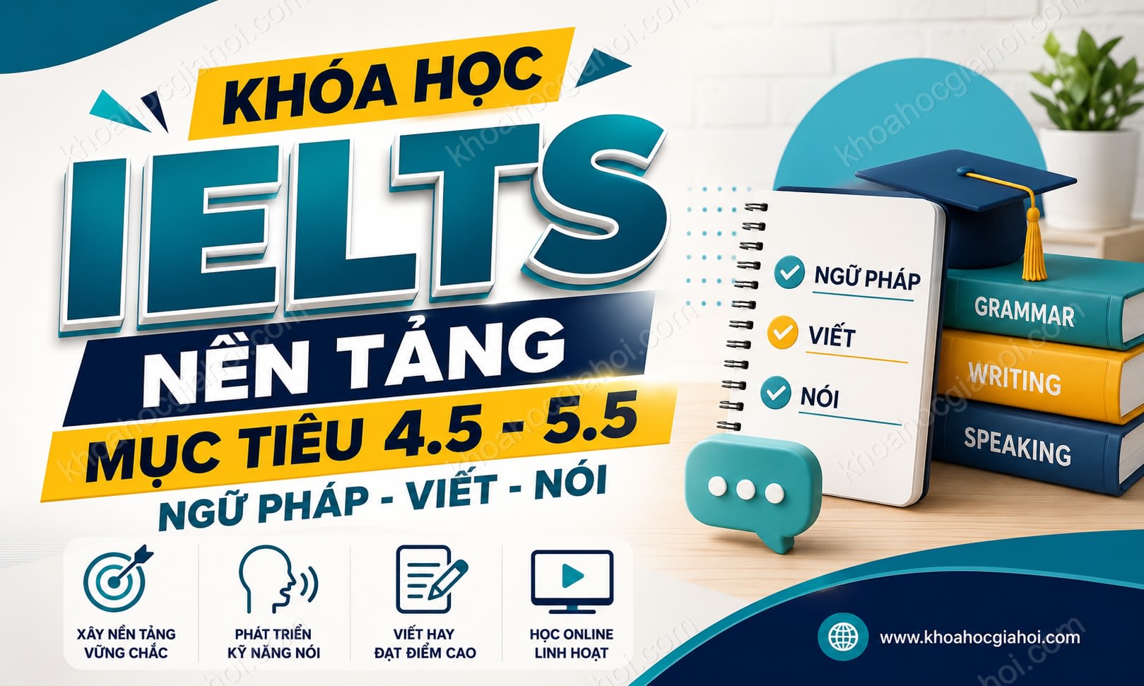 Khóa Học IELTS Nền Tảng Mục Tiêu 4.5 - 5.5: Ngữ Pháp - Viết - Nói
