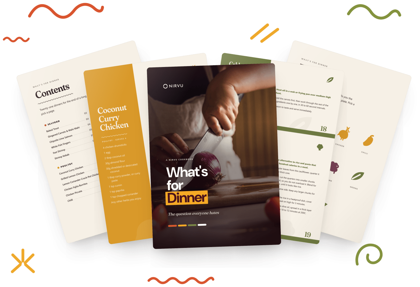 Pages from the What's For Dinner recipe guide fanned out as a spread