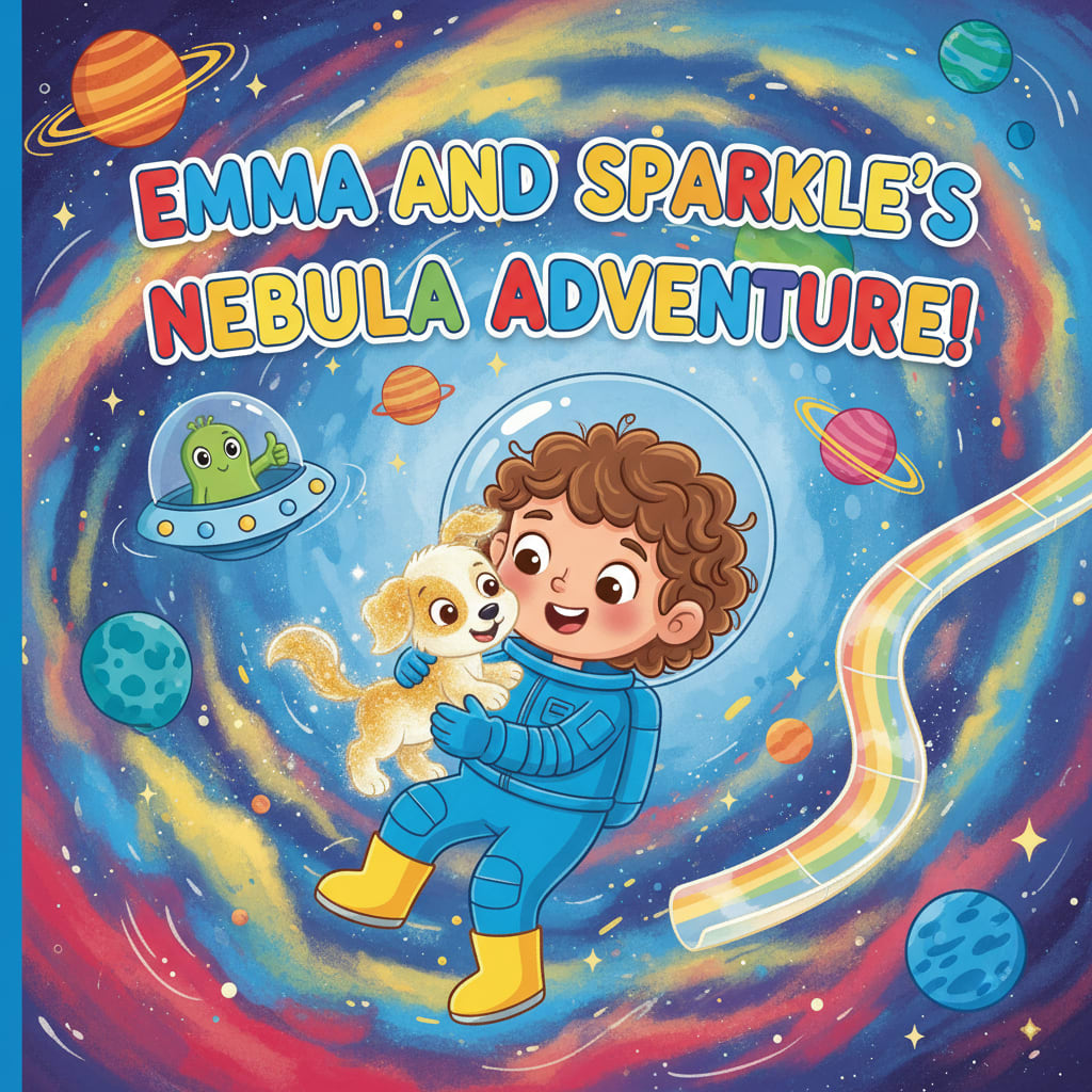 Emma the space cadet holding a glowing stardust puppy in a colorful nebula
