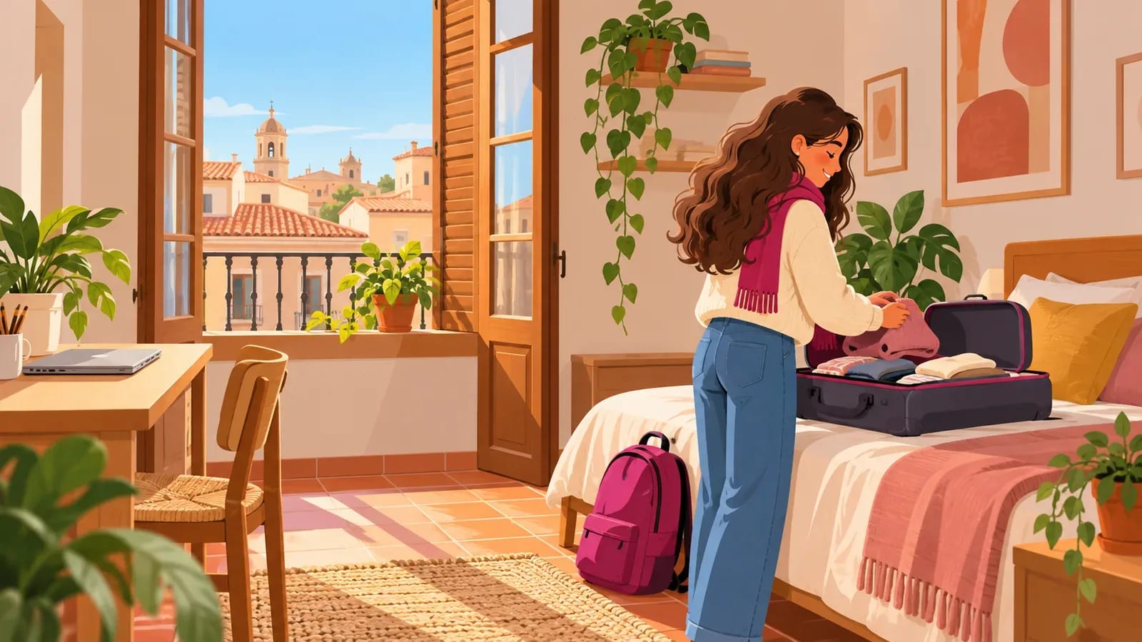 An illustrated student unpacking a suitcase in a bright rented room in Spain