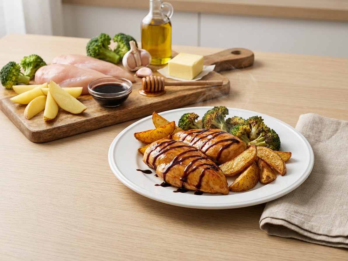 Honey Balsamic Chicken with Crispy Broccoli and Potatoes