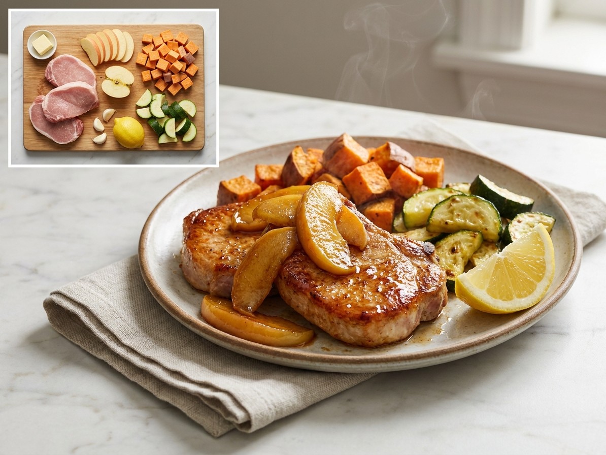 Skillet Apple Pork Chops with Roasted Sweet Potatoes and Zucchini