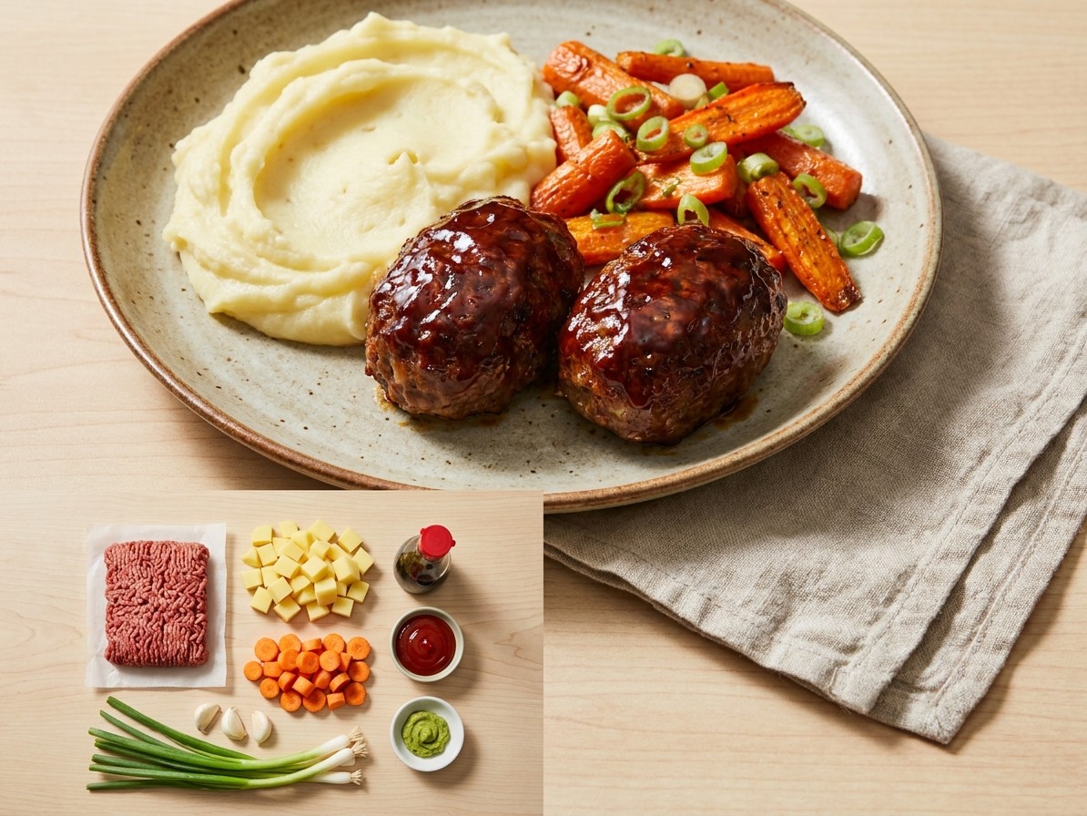 Soy-Glazed Mini Meatloaves with Wasabi Mashed Potatoes and Roasted Carrots