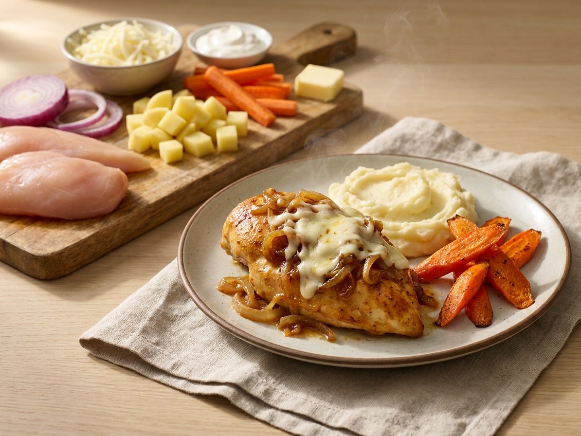 French Onion Chicken with Roasted Carrots and Mashed Potatoes
