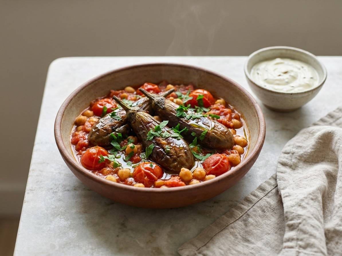 Stovetop Eggplant with Harissa, Chickpeas, and Cumin Yogurt