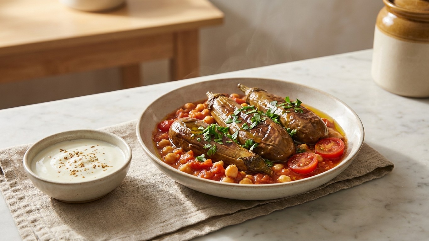 Stovetop Eggplant with Harissa, Chickpeas, and Cumin Yogurt