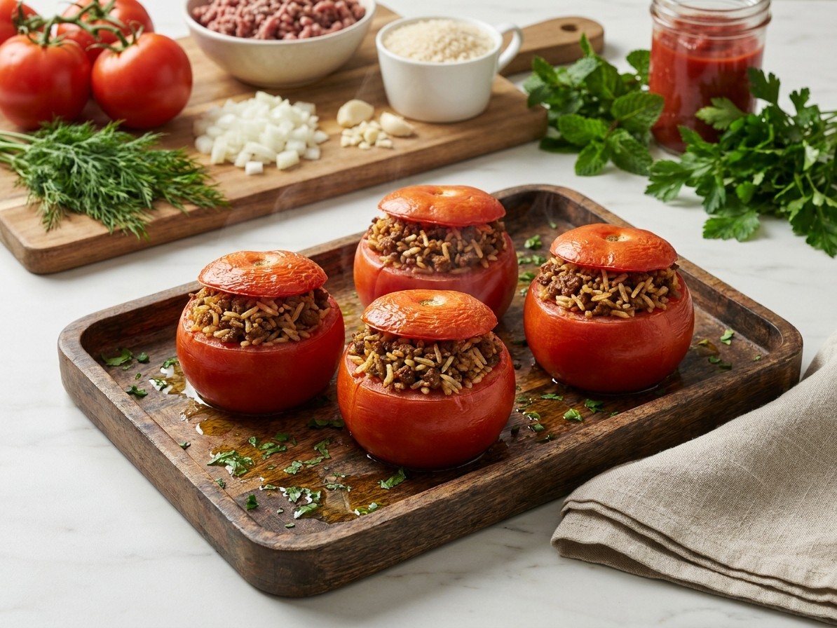 Greek Stuffed Tomatoes with Lamb, Dill and Rice