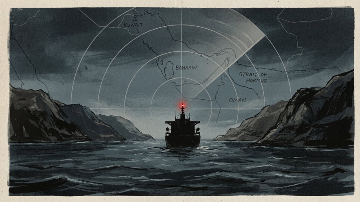 Illustration: a cargo ship passes through the Strait of Hormuz under a radar sweep, with Kuwait, Bahrain and Oman marked on a ghosted map