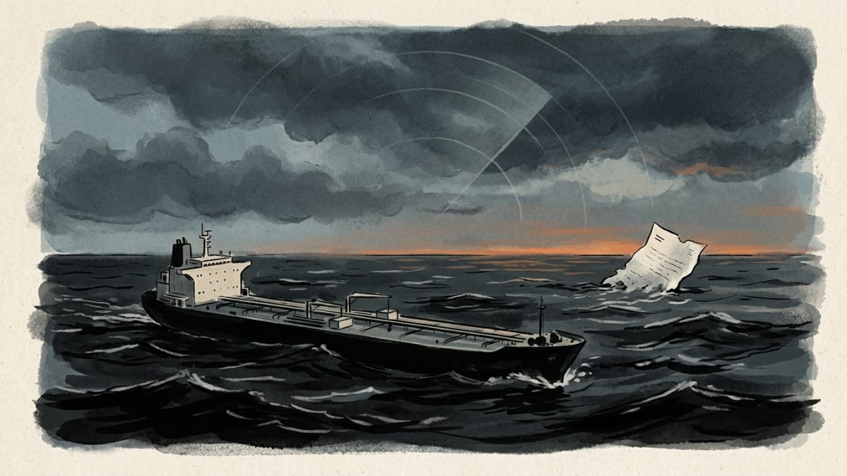 Illustration: ink-wash editorial illustration of a lone oil tanker on dark stormy waters with a torn document floating nearby and radar arcs crossing a threatening sky.