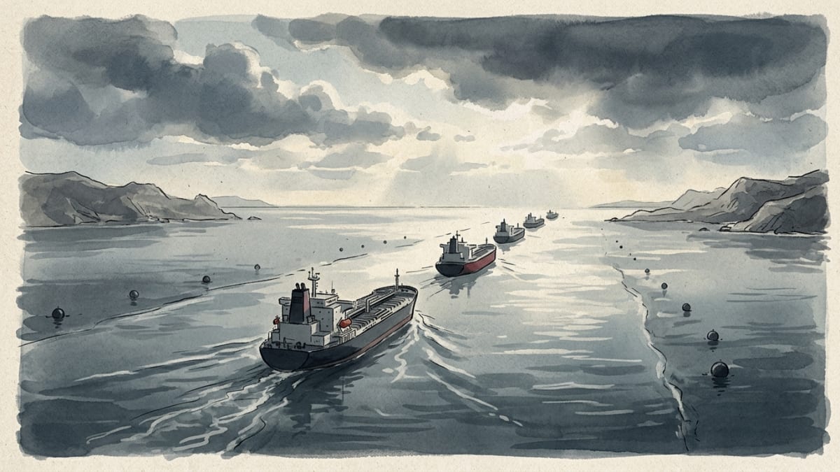 Illustration: ink-wash editorial illustration of oil tankers sailing in a careful line through a narrow strait at dawn, with scattered sea mines floating near the edges and storm clouds parting overhead.