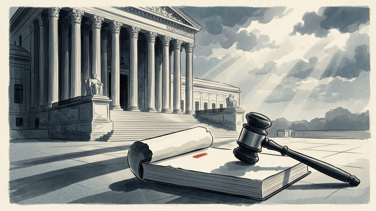 Illustration: ink-wash illustration of the empty Supreme Court steps and columns under clearing storm clouds, with a gavel resting on a torn document in the foreground.