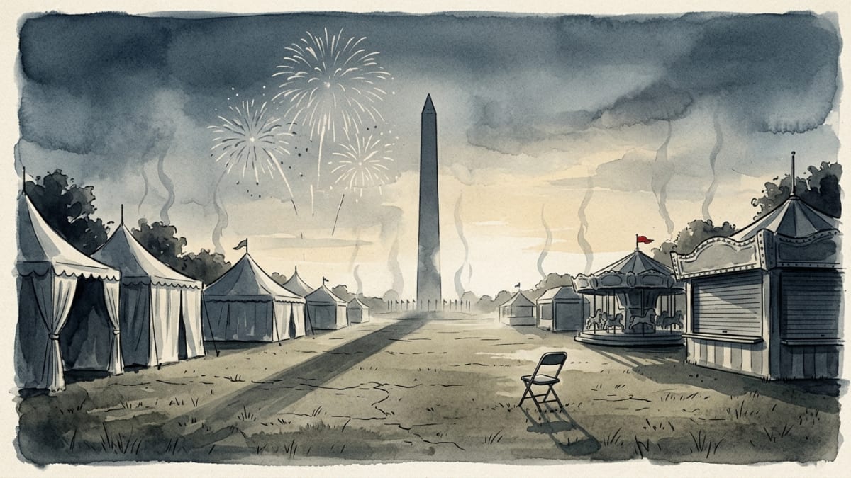 Illustration: ink-wash illustration of an empty, heat-hazed National Mall with shuttered fair tents, faint fireworks over the Washington Monument, and a lone folding chair on parched grass.