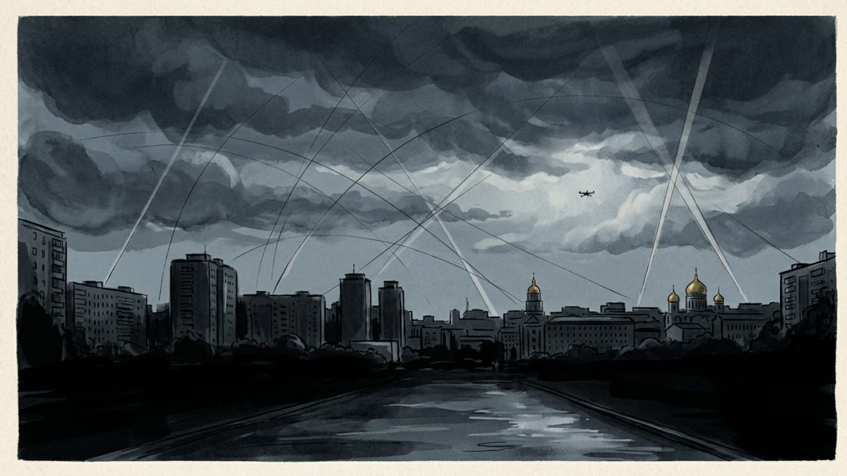 Illustration: ink-wash illustration of a darkened Kyiv skyline at night, with searchlight beams and radar arcs sweeping a stormy sky above an empty rain-slicked boulevard.