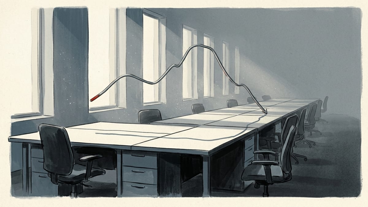 Illustration: ink-wash illustration of empty office desks under a sagging wire shaped like a falling line chart, lit by pale window light.