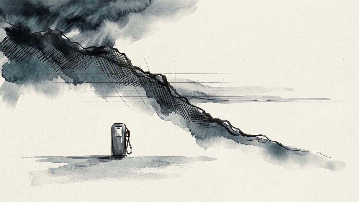 Illustration: ink-wash editorial illustration of a steep descending line falling from dark stormy shading into calm white space, with a small lone fuel pump standing beneath it on an empty forecourt.