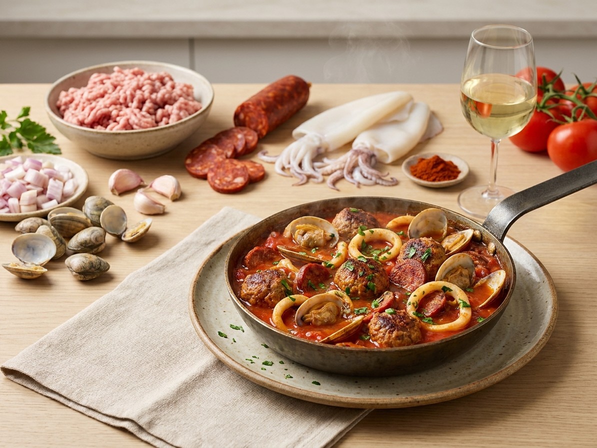 Spanish Meatballs with Clams, Chorizo and Squid