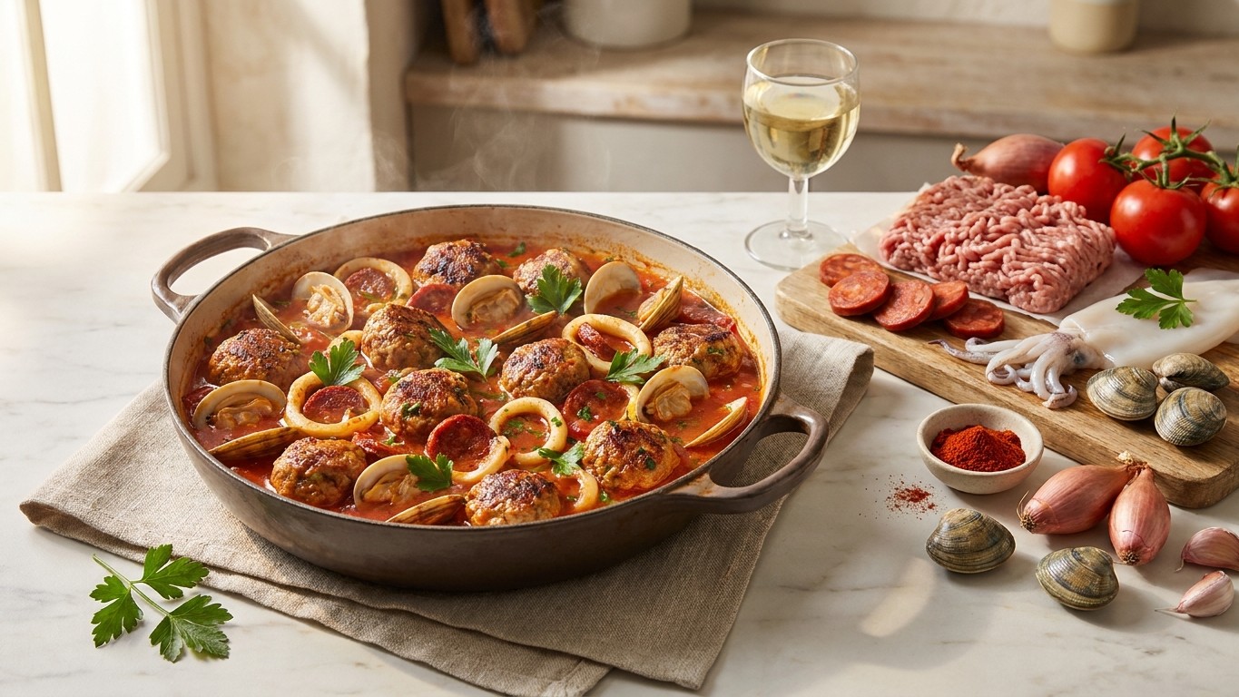Spanish Meatballs with Clams, Chorizo and Squid