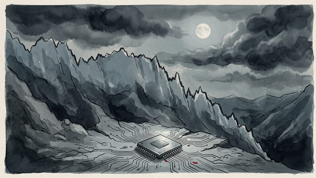 Illustration: ink-wash editorial illustration of a stock chart drawn as a collapsing mountain ridge under storm clouds, with a pale moon overhead and a single microchip in the foreground trailing circuit lines like cracks.