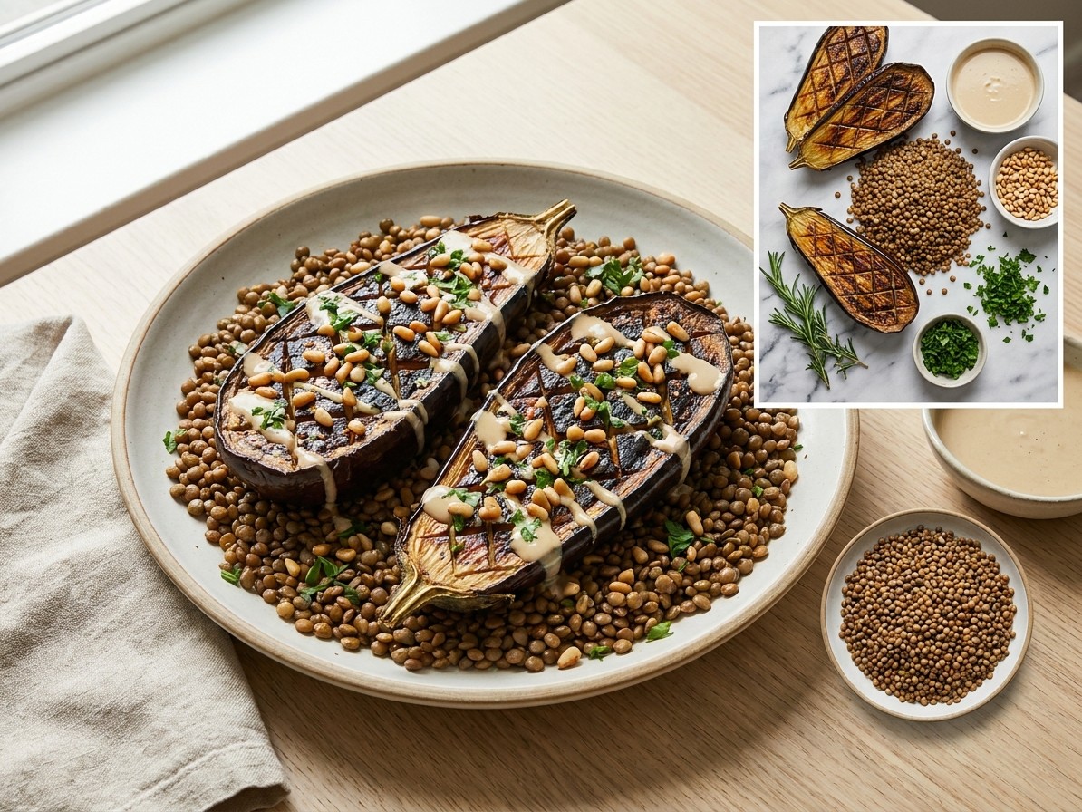 Roasted Eggplant With Tahini, Pine Nuts, and Lentils