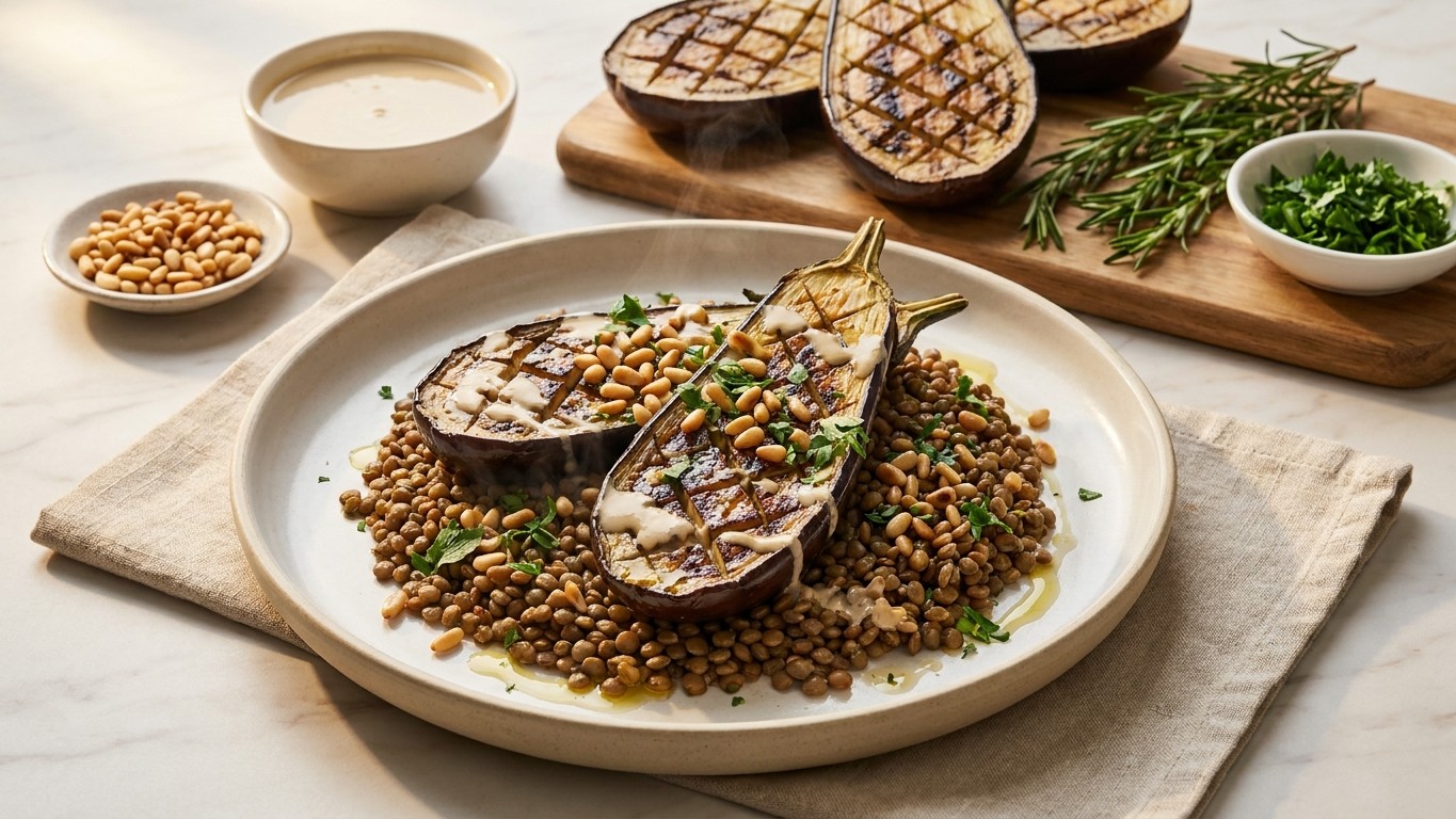 Roasted Eggplant With Tahini, Pine Nuts, and Lentils