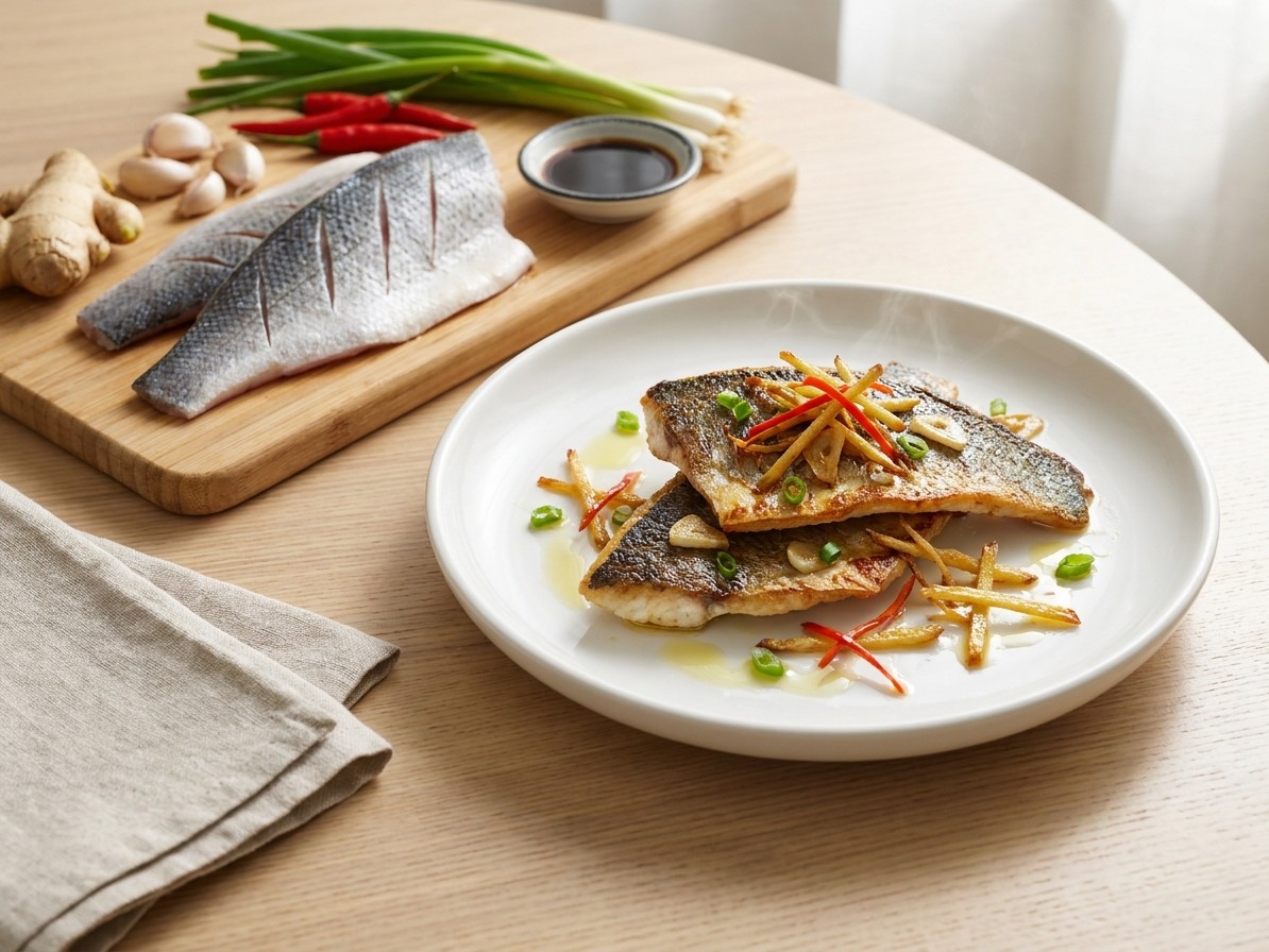 Crispy Sea Bass with Sizzled Ginger, Chili and Scallions