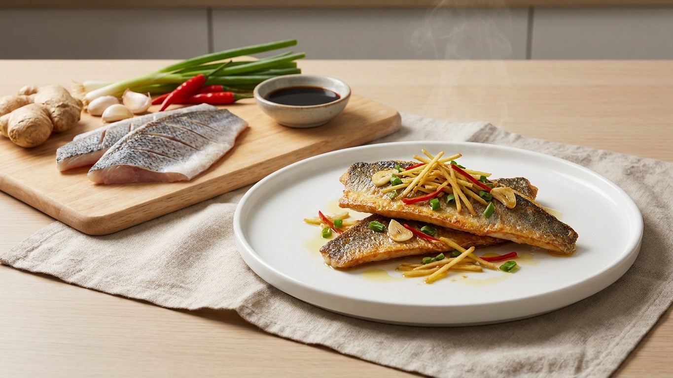 Crispy Sea Bass with Sizzled Ginger, Chili and Scallions