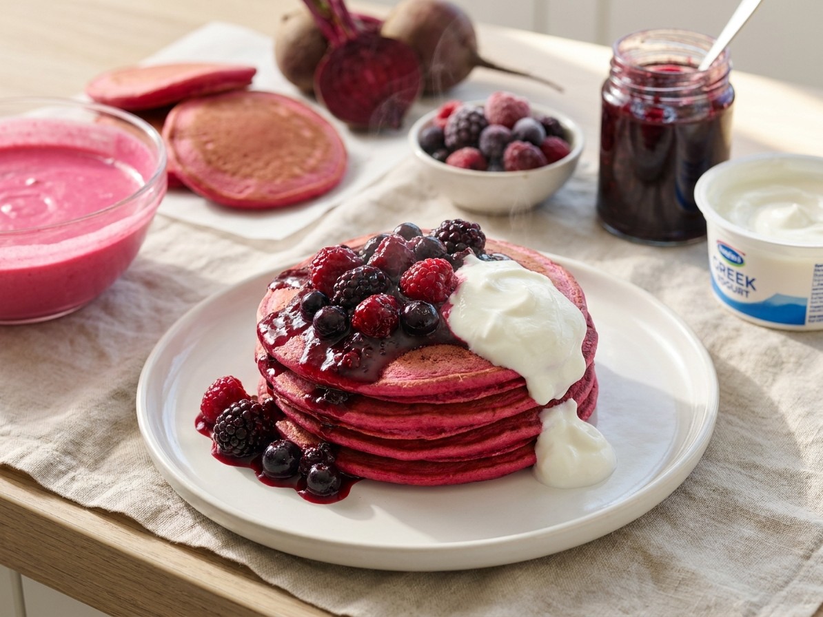 Bright Pink Beetroot Pancakes with Berry Compote