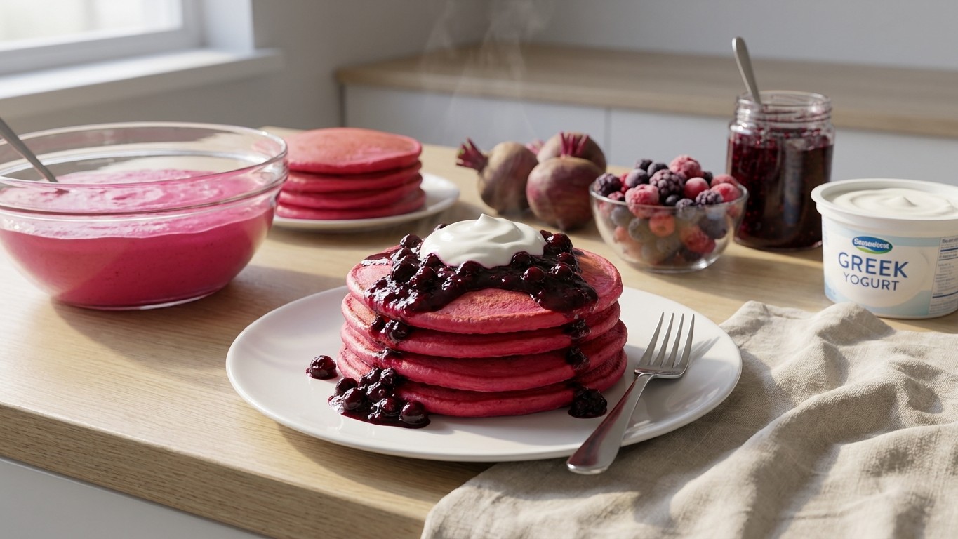 Bright Pink Beetroot Pancakes with Berry Compote