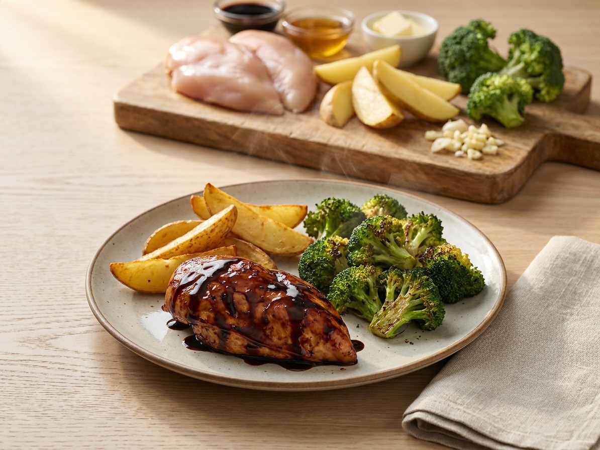 Honey Balsamic Chicken with Crispy Broccoli and Potatoes