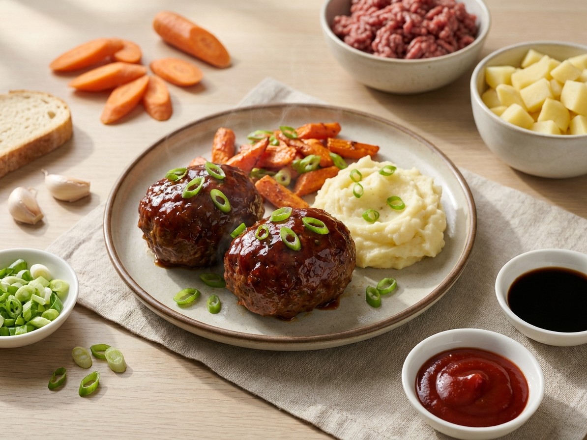 Soy-Glazed Mini Meatloaves with Wasabi Mashed Potatoes and Roasted Carrots