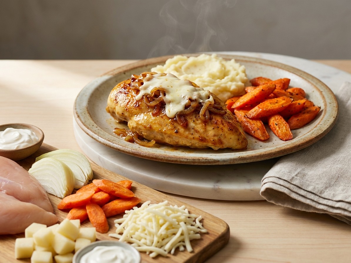 French Onion Chicken with Roasted Carrots and Mashed Potatoes