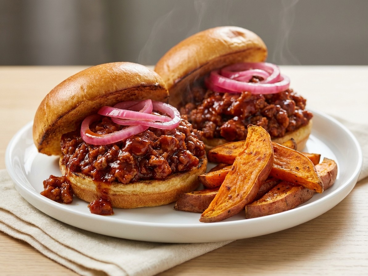 BBQ Pork Sloppy Joes with Sweet Potato Wedges