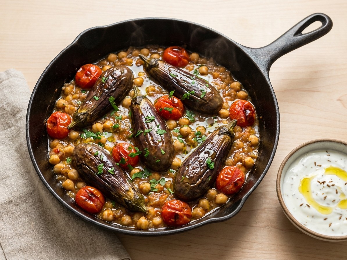Stovetop Eggplant with Harissa, Chickpeas, and Cumin Yogurt