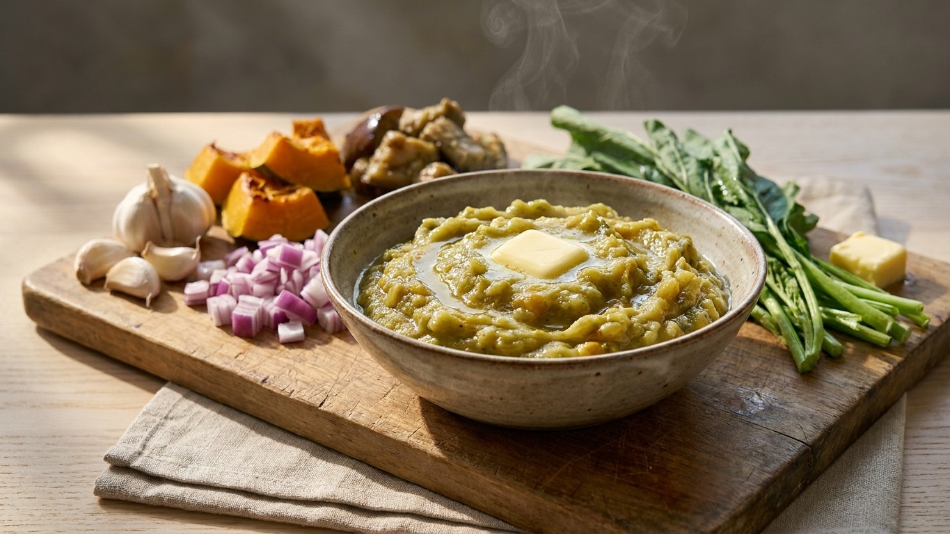 Antiguan Chop Up (Mashed Eggplant, Pumpkin, and Callaloo)