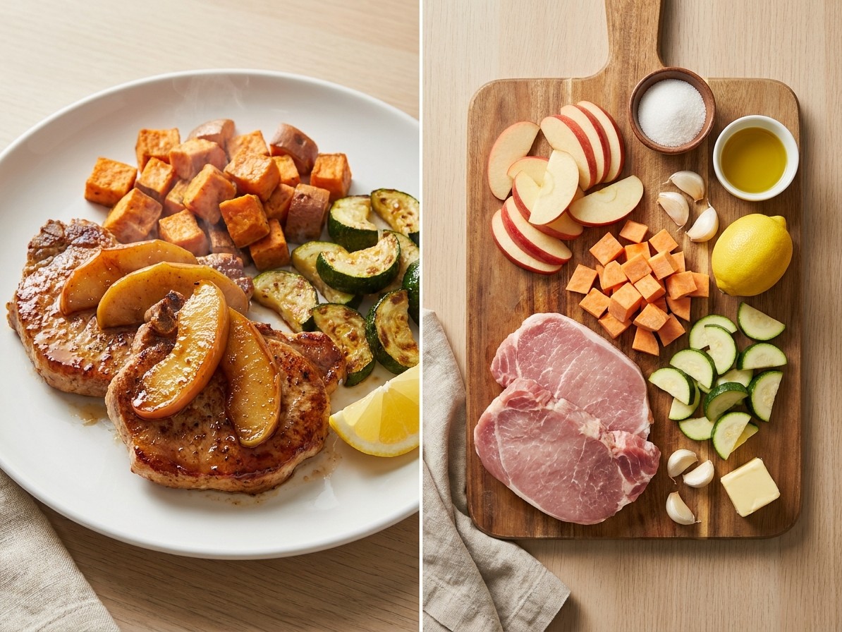 Skillet Apple Pork Chops with Roasted Sweet Potatoes and Zucchini