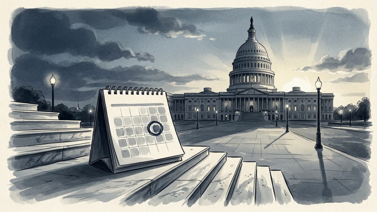 Illustration: ink-wash editorial illustration of the U.S. Capitol dome at dawn with a lone calendar page propped on empty marble steps, one date circled.