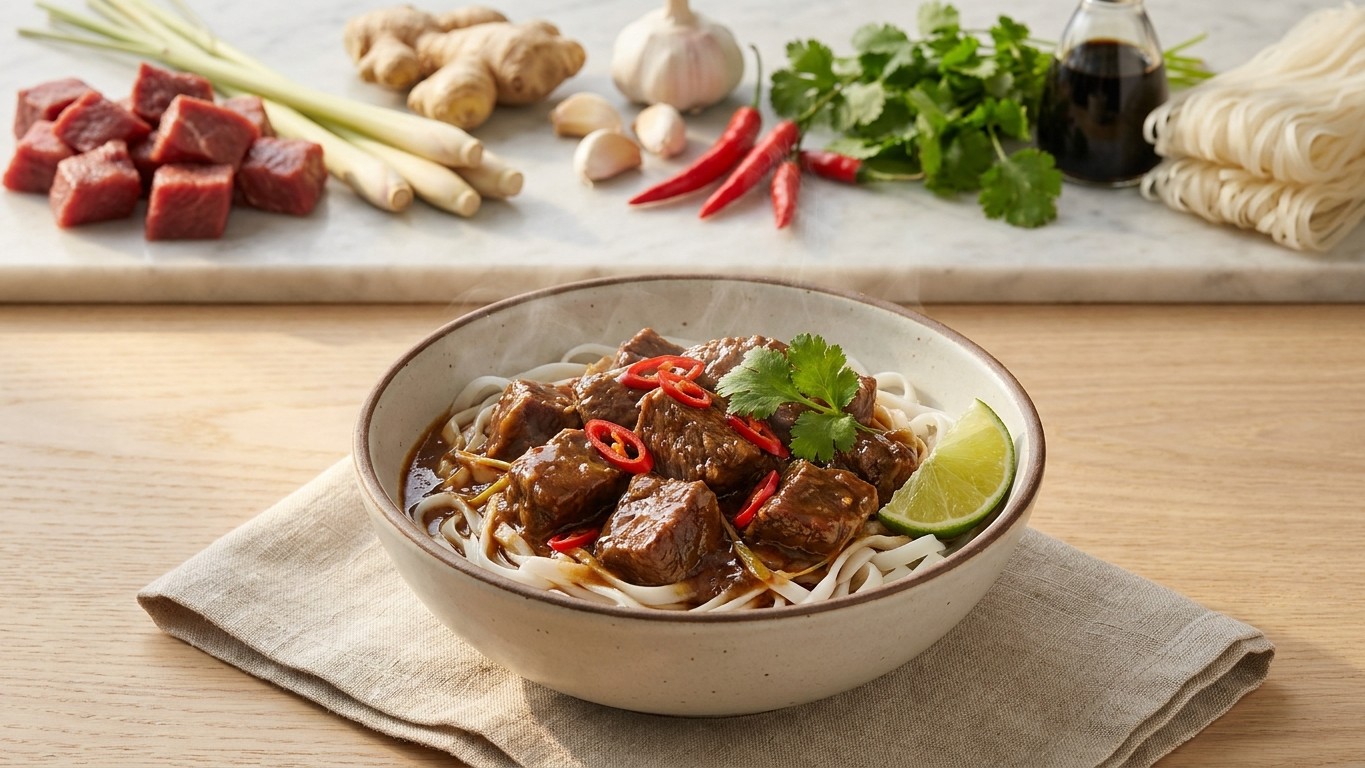 Lemongrass Beef Stew with Rice Noodles