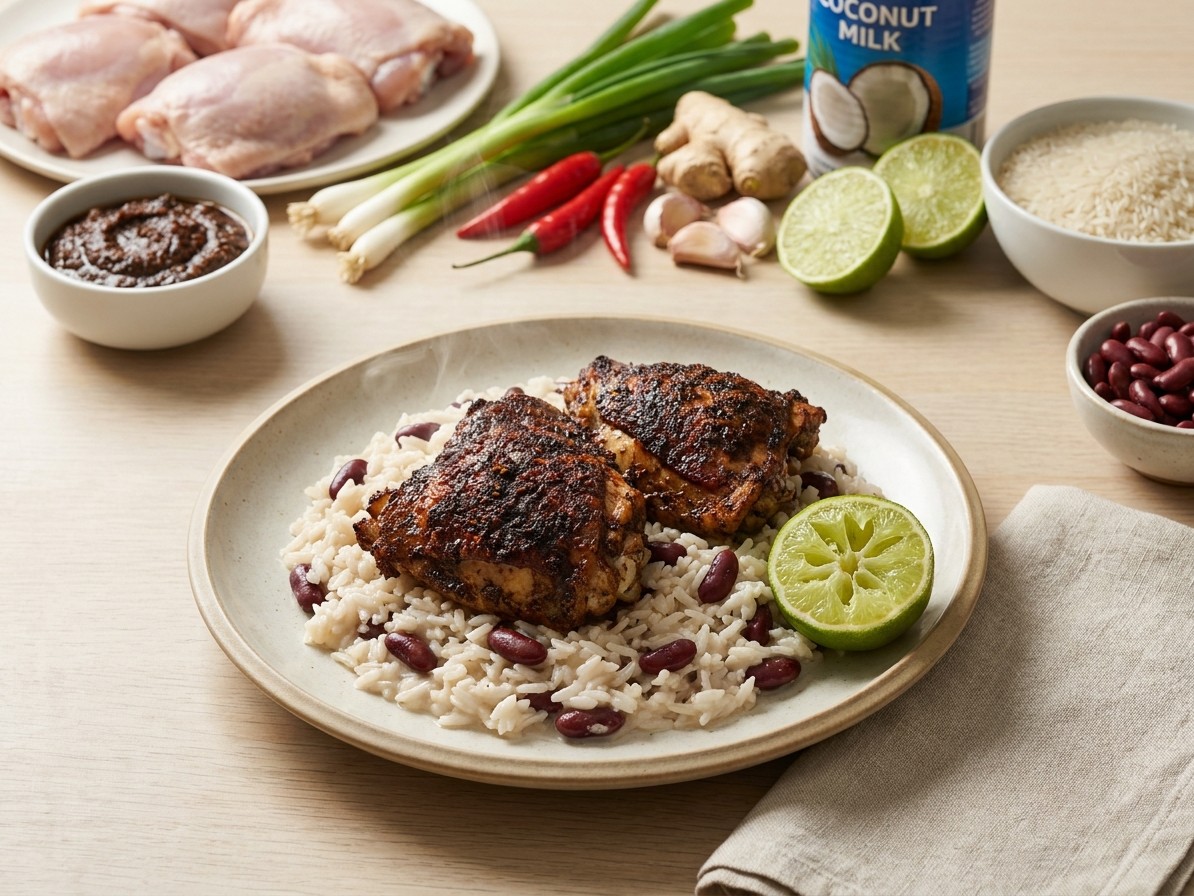 Jerk Chicken with Rice and Peas