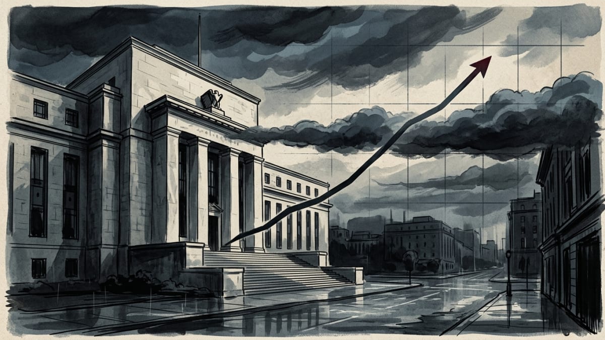 Illustration: ink-wash illustration of a grand neoclassical bank building beneath storm clouds, with a bold chart-like line arcing sharply upward across the sky over faint gridlines.