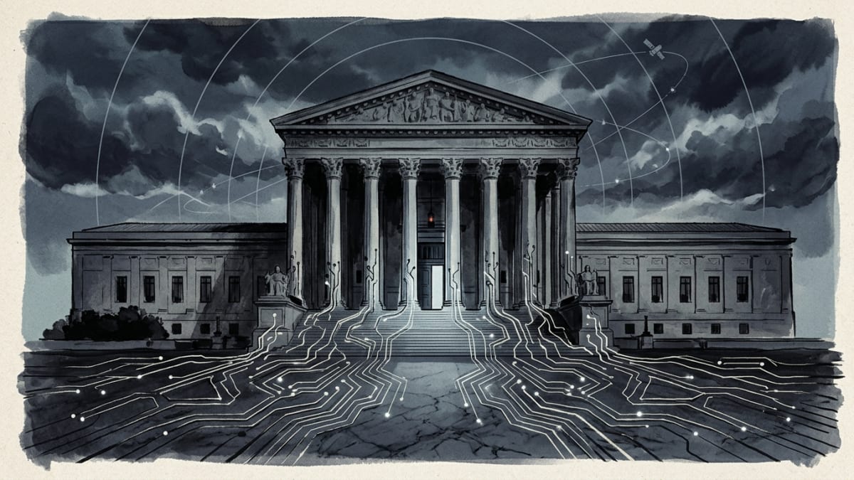 Illustration: ink-wash editorial illustration of a columned government building whose base dissolves into glowing circuit-board traces beneath a night sky of radar arcs and gathering storm clouds.