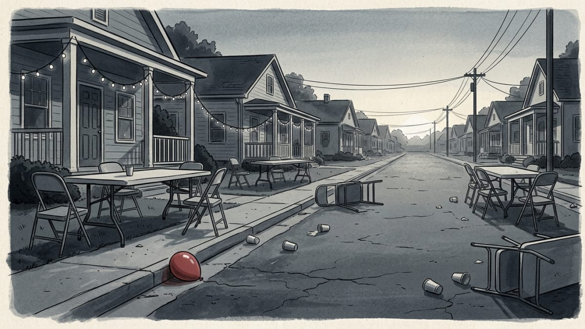 Illustration: ink-wash editorial illustration of a deserted block-party street at dawn, with abandoned chairs, sagging string lights, and scattered cups under a pale gray sky.