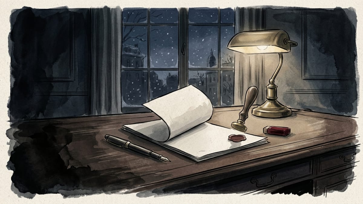 Illustration: ink-wash editorial illustration of a fountain pen resting on an unsealed document atop a lamplit desk at night, with snow falling outside a dark window.