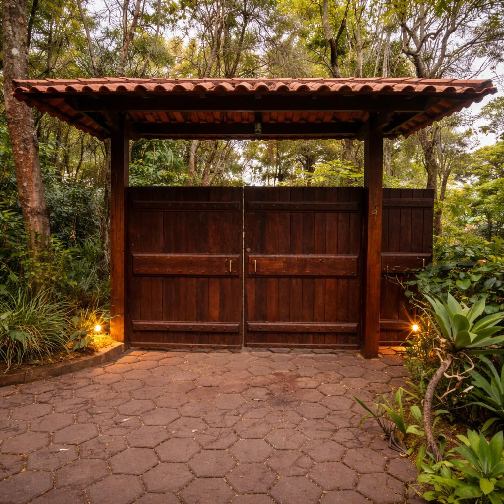 Entrada rústica e elegante, com portão em madeira maciça