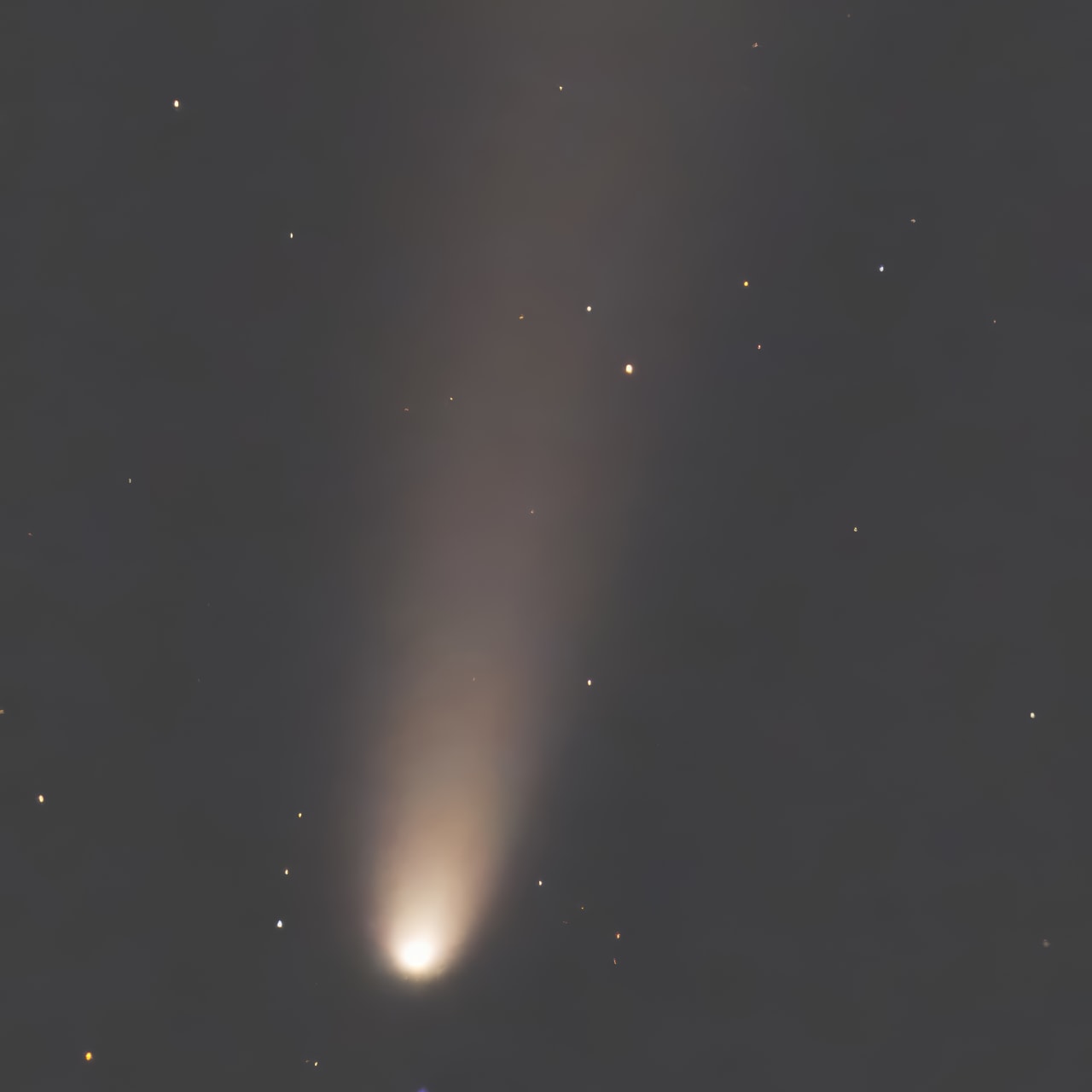 Comet ATLAS: a bright head low in the frame and a long pale tail rising through a grey sky