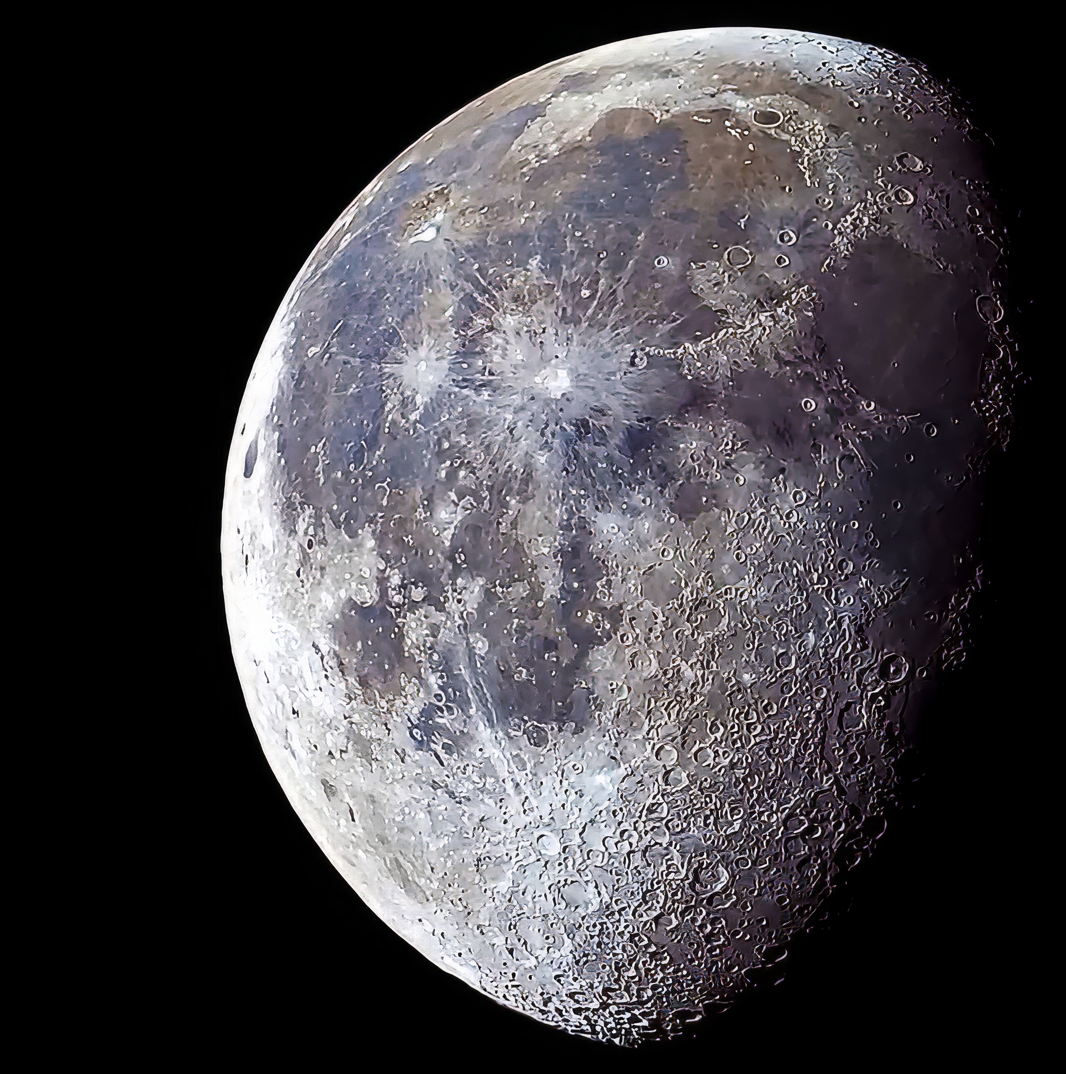 Mineral color enhanced Moon photograph from Georgetown Guyana showing subtle surface color variations and mare regions
