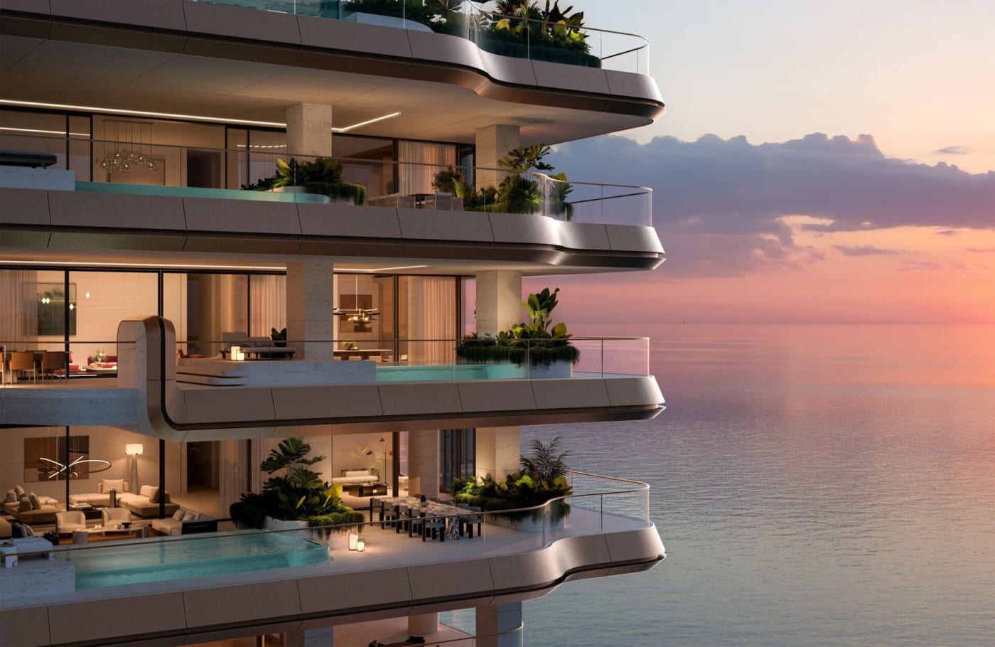 Rendering of the terraces of The Alba, the future Dorchester Collection hotel and residences on Palm Jumeirah in Dubai