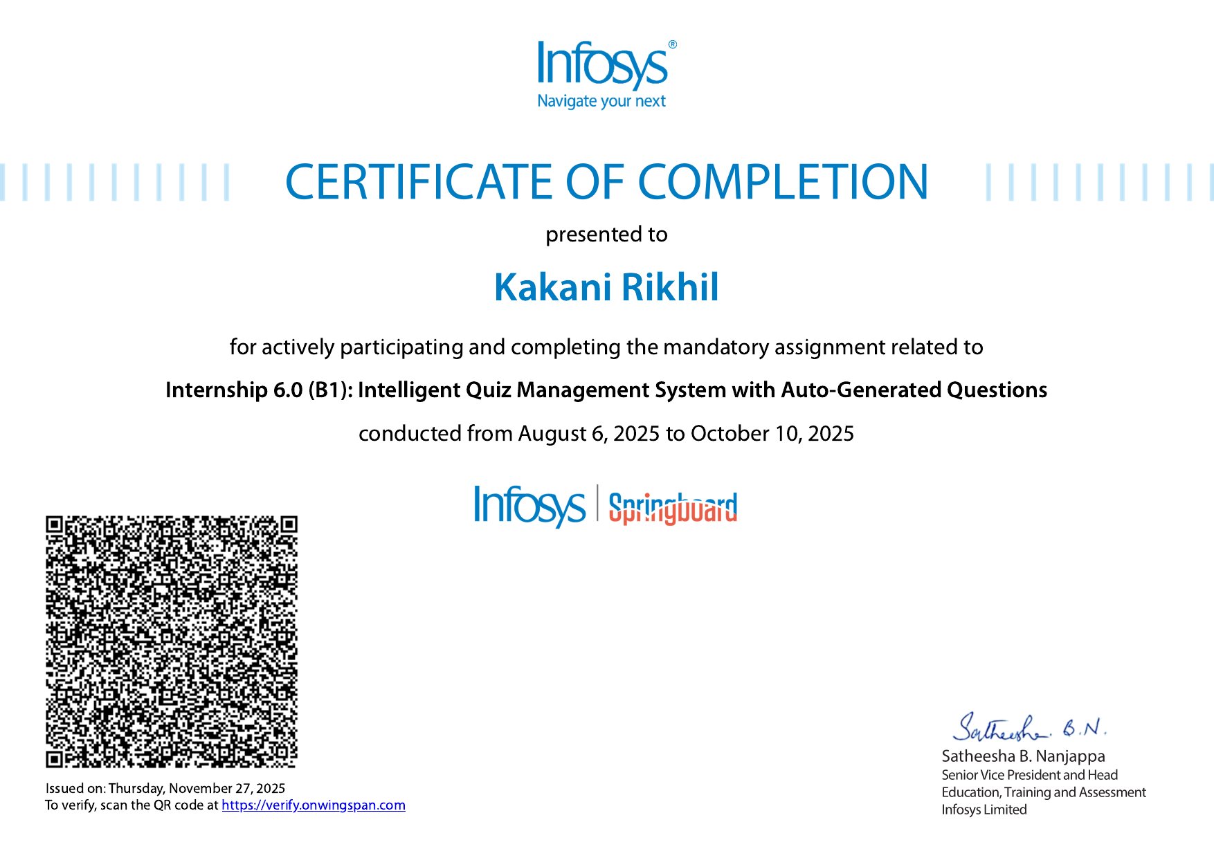 Internship 6.0 (B1): Intelligent Quiz Management System with Auto-Generated Questions